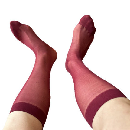 Tip Reinforced Wine Red Plain Ultra-thin Transparent Men's Business Suit Medium Long Tube Nylon Dress Calf Stockings B03