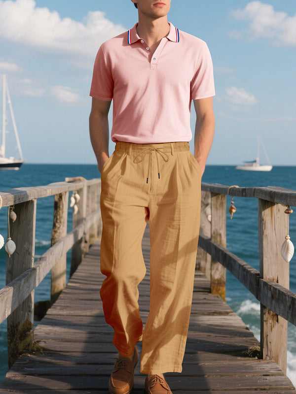 2025 European and American Independent Station Cross-Border New Men's Pure Color Drawstring Cotton and Linen Loose Casual Beach Casual Pants