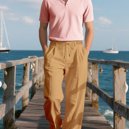 2025 European and American Independent Station Cross-Border New Men's Pure Color Drawstring Cotton and Linen Loose Casual Beach Casual Pants