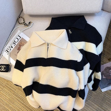 Mall Withdraws 2025 Spring and Autumn Korean Version Polo Collar Striped Sweater for Women, Loose Retro Knitwear Trend