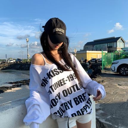 American Style Spice Girls Shoulder Letter Print Long-sleeved T-shirt Women's Early Autumn Mid-length Casual Loose Laid-back Shoulder Top