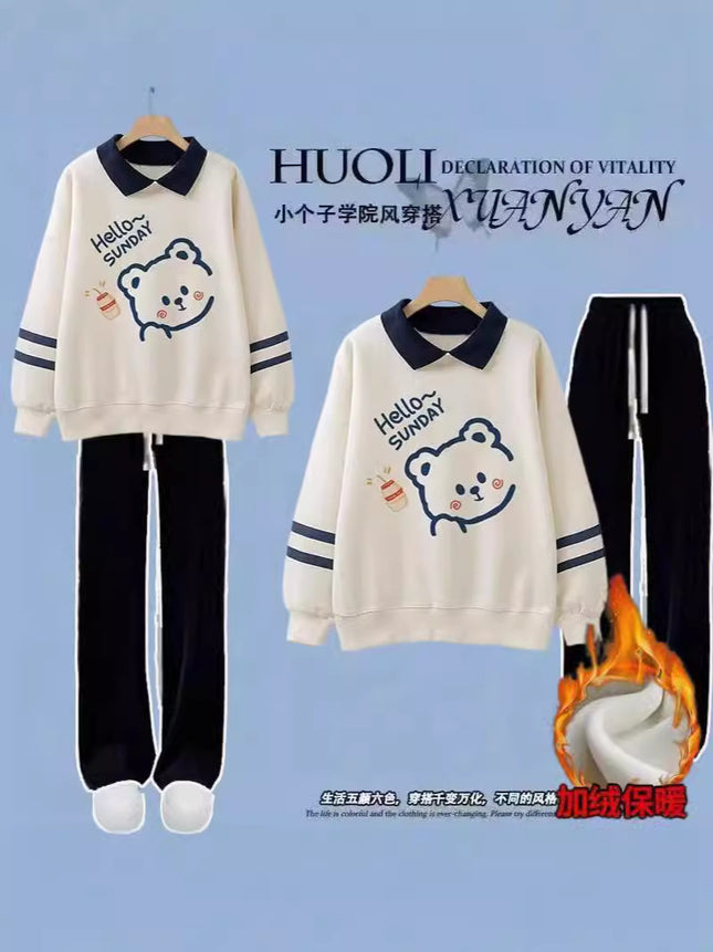 Junior high school students polo collar fleece-lined padded sweater suit autumn and winter girls fashionable sports two-piece set batch