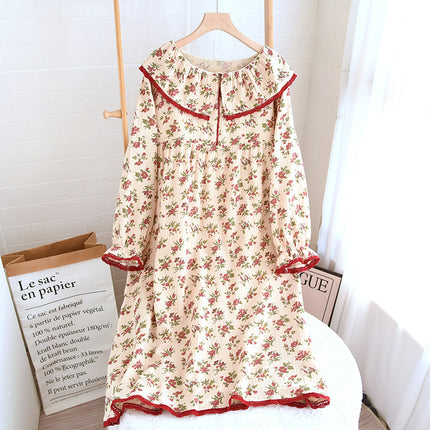 French-style long cotton nightdress women's spring and summer long-sleeved over-the-knee double-layer yarn crepe loose retro home can be worn outside