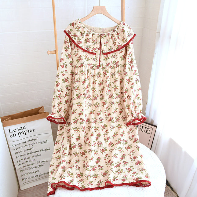 French-style long cotton nightdress women's spring and summer long-sleeved over-the-knee double-layer yarn crepe loose retro home can be worn outside