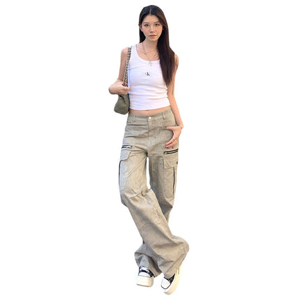 American Style Retro Spring and Summer New Style Spice Girls Wind Middle Waist Loose Multi-Pocket Design Sense Workwear Casual Straight Pants Women's Trendy