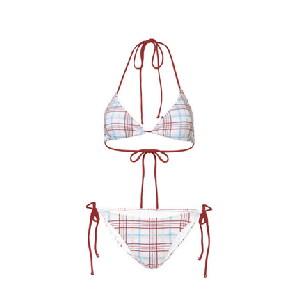Source Manufacturer Girl Japanese Style Plaid Small Breasts Sexy Split Bikini Swimsuit Beach Vacation Retro Bikini