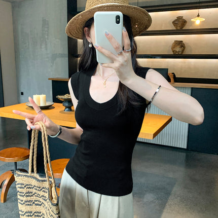 Lyocell Tencel Elegant Mint Green V Neck Right Shoulder Sleeveless Knitwear Women's Summer Pure Desire Slim Versatile Top