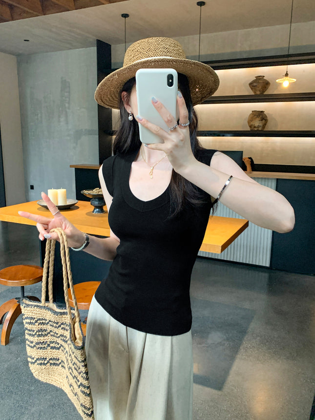 Lyocell Tencel Elegant Mint Green V Neck Right Shoulder Sleeveless Knitwear Women's Summer Pure Desire Slim Versatile Top