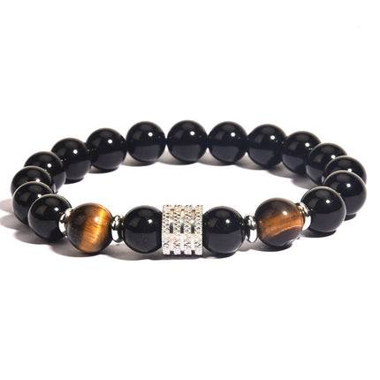Foreign Trade Jewelry European and American Men's Beaded Bracelets Trendyy Stainless Steel t Tiger Eye Black Bright Stone Men's Bracelet Jewelry