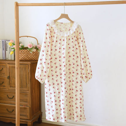 Women's Cotton Crepe Long Sleeve Lace Crewneck Nightdress Spring and Autumn Princess Style Seersucker Pajamas Outer Wear Home Dress