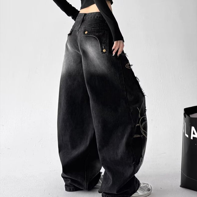 American Retro Raw Edge Embroidered Washed Scimitar Jeans Autumn Men's and Women's Street Loose Wide-Leg Floor-Length Pants