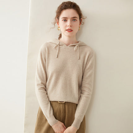 Autumn and Winter Hooded Cashmere Sweater Cashmere Long-Sleeved Pullover Versatile Pure Color Windproof Warm Hooded Cashmere Sweater for Women