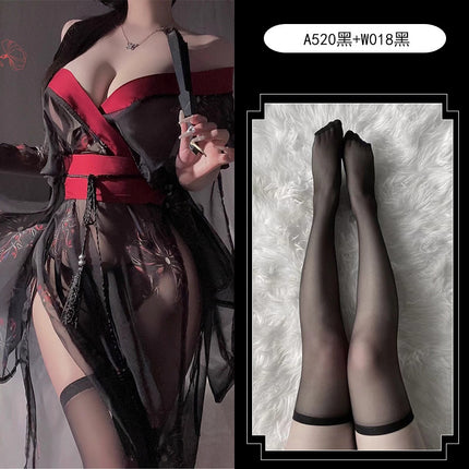Floral Lingerie Uniform Pure Desire No Need to Take Off Printed Black Japanese Kimono Clothing Set Women A520 Erotic Kimono