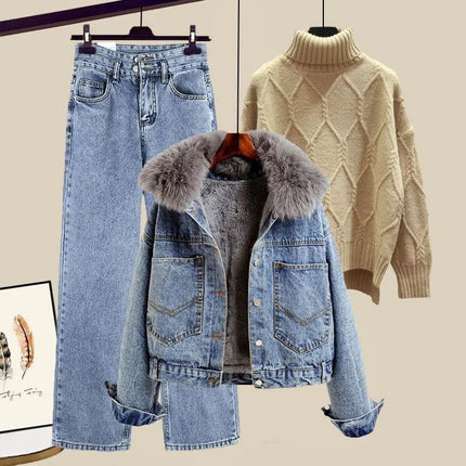 Autumn and Winter Suits for Women 2025 New Style Velvet Thickeneded Denim Jacket Slimming Look Jeans Three-Piece Street Set