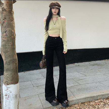 Off-White American Hot Girl Bootcut Jeans for Women 2025 Summer New High-Waist Slimming Look Horseshoe Pants Raw Edge Pants