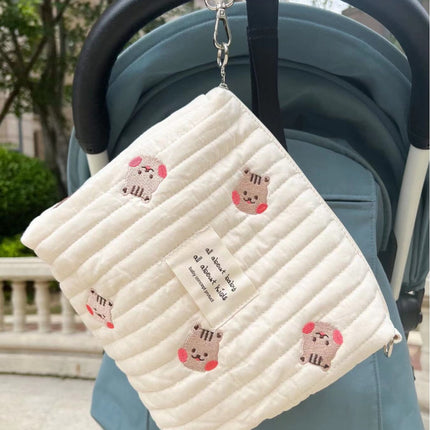 New Zipper Embroidered Cotton Mummy Bag Baby Trolley Hanging Bag Diaper Bag Portable for Going Out