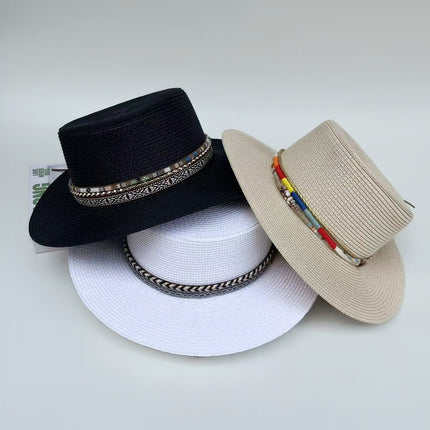 Bohemian Cowboy Style Flat-Top Straw Hat for Women's Summer Travel and Vacation Sun Protection Hat for Shopping and Versatile Flat-Brimmed Hat