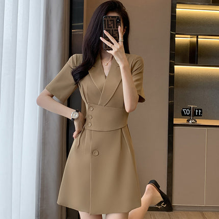 【Precise Fit】Women's High-End Short-Sleeve Suit Dress, Summer Waist-Slimming Coffee-Colored Dress