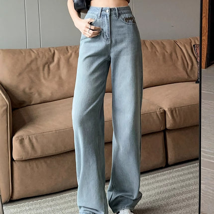 Light Blue Wide-Leg Jeans for Women Summer Thin 2025 New Embroidered High-Waisted Small Narrow Straight Pants
