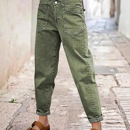 Cross-Border Amazon European and American Elastic Mid-Waist Straight Jeans Green Button Design Diagonal Pocket All-Season Jeans