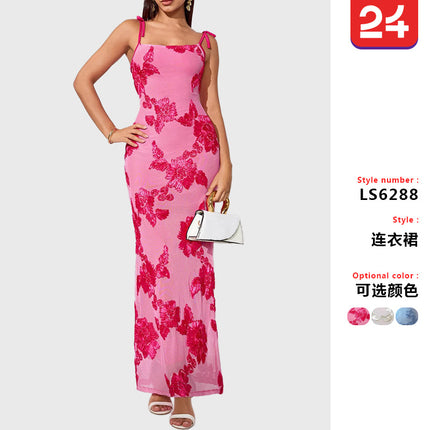 2025 summer cross-border new European and American high-end fashion slim sling hip sexy three-dimensional dish flower dress