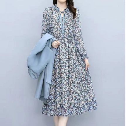 Early autumn floral dress two-piece 2024 autumn new women's western style age-reducing slimming early autumn suit skirt