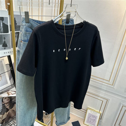 Small Letter Embroidery Brushed Short-Sleeve T-Shirt for Women, Regular Shoulder, Slimming, Korean Style, Fashionable, Thickened Base Layer for Autumn and Winter