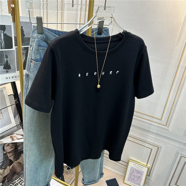Small Letter Embroidery Brushed Short-Sleeve T-Shirt for Women, Regular Shoulder, Slimming, Korean Style, Fashionable, Thickened Base Layer for Autumn and Winter