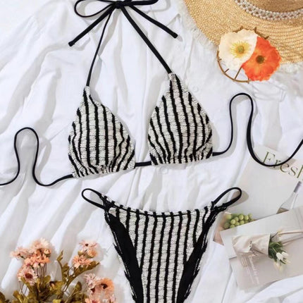 2025 European and American New Split Sexy Striped Towel Cloth Bikini Bikini Swimsuit for Women's Foreign Trade