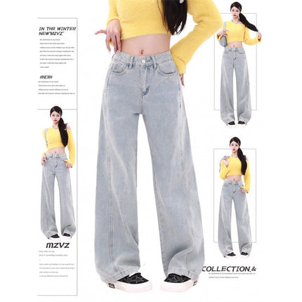 Real Shot Design Sense light blue Straight Jeans Spring New High Waist Loose Slimming Pop Warm Pants
