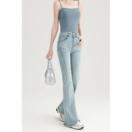 High Waist Micro-flared Jeans Women's 2025 Spring New Arrival Short-length Rag-edge Design Stretch Slim-fit Horseshoe Pants