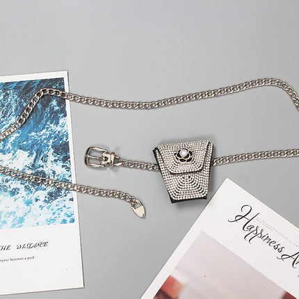 Mini Full diamond small waist bag female fashion ins silver decorative waist chain bag new adjustable body chain rhinestone bag