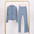 Dark blue hooded jacket and bell-bottom pants suit / 2/S