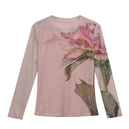 Light luxury round neck bottoming shirt 2023 autumn new fashion slimming printed long sleeve top versatile small shirt for women