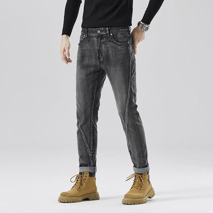2024 Spring and Summer New Fashionable European Products Personalized High-end Stretch Slim-fit Jeans Men's Casual High Waist Small Straight