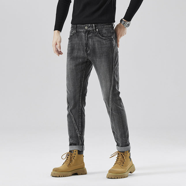 2024 Spring and Summer New Fashionable European Products Personalized High-end Stretch Slim-fit Jeans Men's Casual High Waist Small Straight