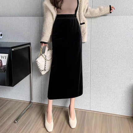 Velvet Skirt Side Open Back Split Skirt Women's Thickened Autumn and Winter 2024 New Mid-length High Waist Black Straight Skirt