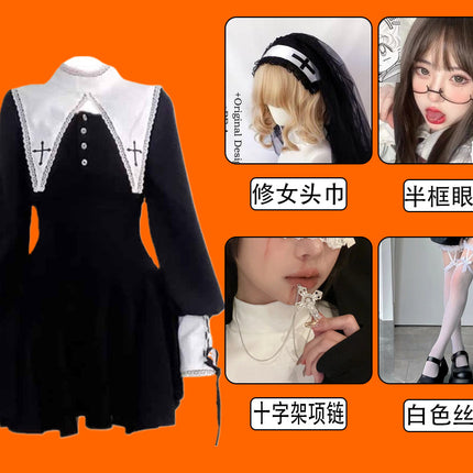 Evil Nun! Halloween Cos Costume Contrast Style Blackened Gothic Dark Style Horror Dress for Adult Women