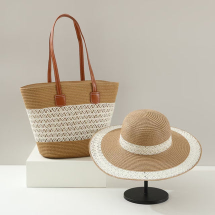 Ready Supply of Large-Capacity Straw Bag Set, Large-Brimmed Sunshade Straw Hat, Single-Striped One-Shoulder Woven Beach Bag for Women, Trendy