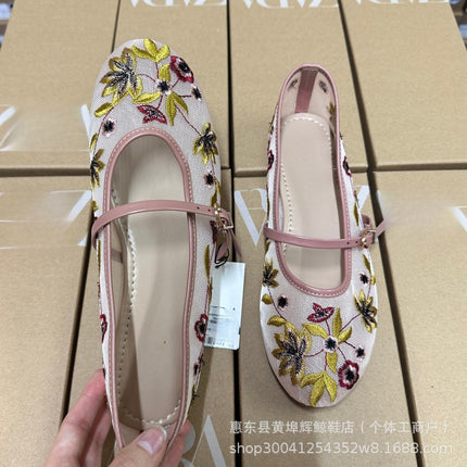 Za Spanish Round-Toe Mesh Green Floral Embroidered Mesh Fabric Ballet Flats Women's Shoes European and American Style