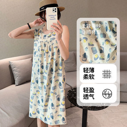 Summer Cotton Silk Nightgown for Women Thin Artificial Cotton Floral Sleeveless Korean Style Loose Large Size Home Wear Pajamas Vest Dress