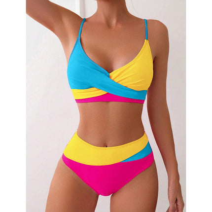 Cross-border Color Split Swimsuit Women's European and American Bikini New Sexy Gather High-end Backless High-waist Bikini