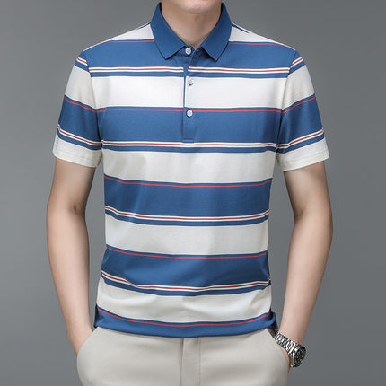 Mingdi Mouse Men's Summer New Pure Cotton Short-sleeved Men's T-shirt Striped Casual Lapel Large Size Men's Polo Shirt