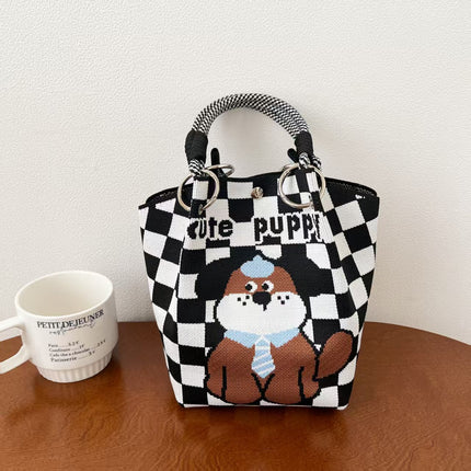 Niche design black and white diamond knitted tote bag handbag casual versatile large capacity messenger bag factory direct sales