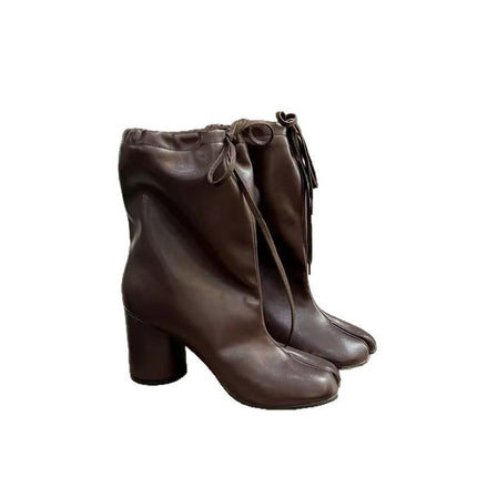 2025 Autumn and Winter New Arrival Wide Pig's Trotter Boots Lace-up Thick Heel-split Boots Women's Knight Drawstring Super Soft Leather Horseshoe Ankle Boots