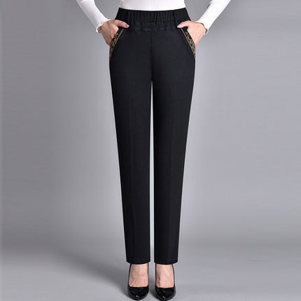 Women's Loose-Fitting Jeans with Elastic Waistband, Stretchy, Casual High-Waisted Pants for Middle-Aged and Elderly Women, Fleece-Lined, Dark-Colored, Slimming Effect