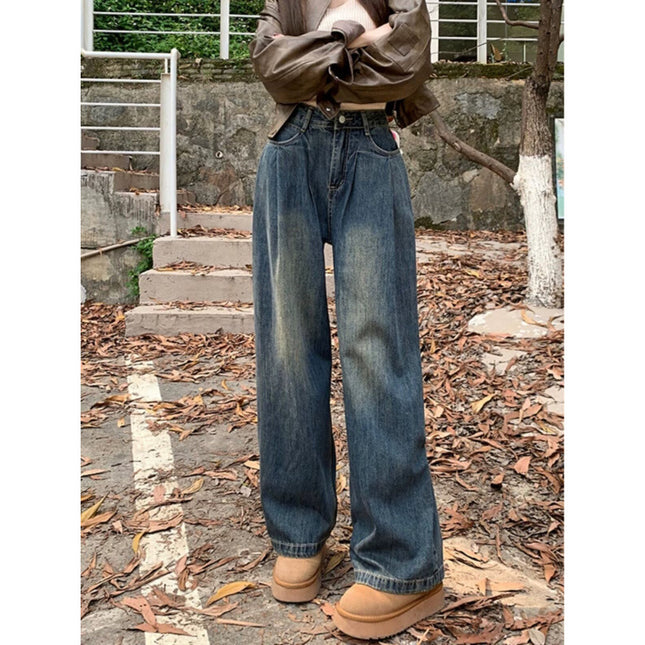 Women's Straight-Leg Loose Jeans Spring Autumn Winter 2024 New High-Waisted Slim Petite Wide-Leg Floor-Length Pants