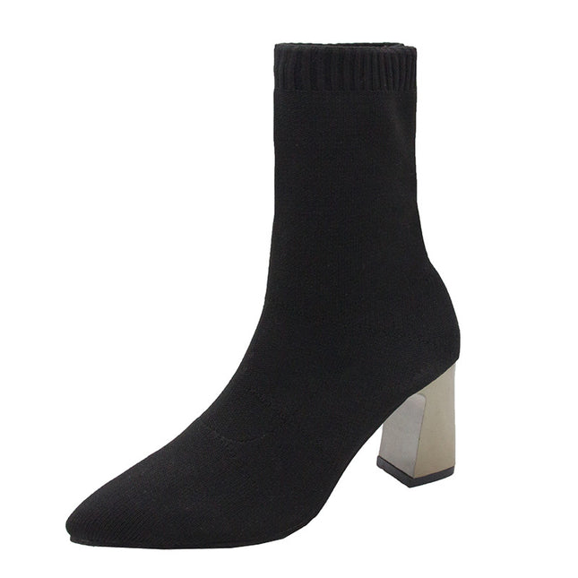 Knitted Stretch Socks Boots Women's Short Boots 2023 Autumn and Winter Explosions Single Boots Pointed Thick Heel High Heels Slim Look Martin Boots