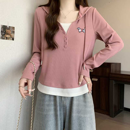 Real shot 2024 autumn new chubby girl plus size fake two dog embroidery hooded long sleeve T-shirt Joker top