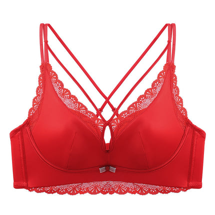 New hollow-out breast shaping with satin underwear thickened steamed bread cup small chest push up sexy cross back bra foreign trade